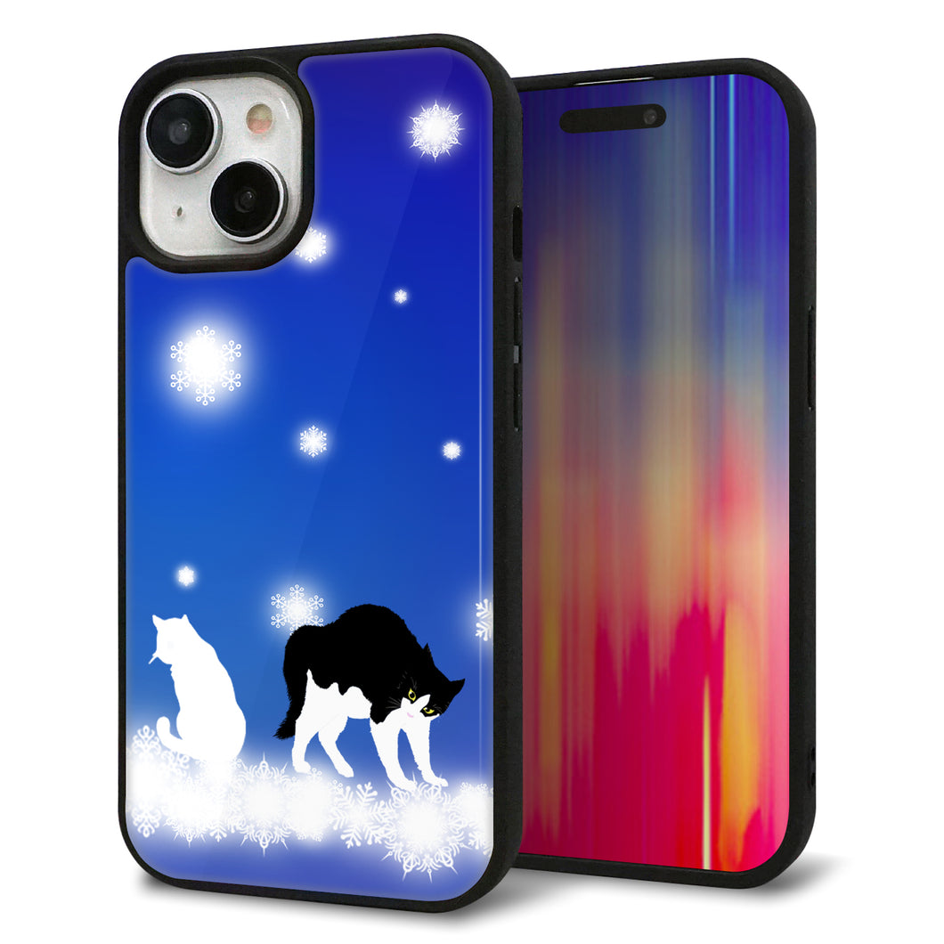 iPhone15 強化ガラス＆TPUスマホケース ガラプリ【YJ335 雪の結晶 はちわれ】