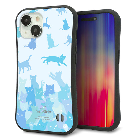 iPhone15 スマホケース 「SEA Grip」 グリップケース Sライン 【AG888 ネコ積もり 水色】 UV印刷