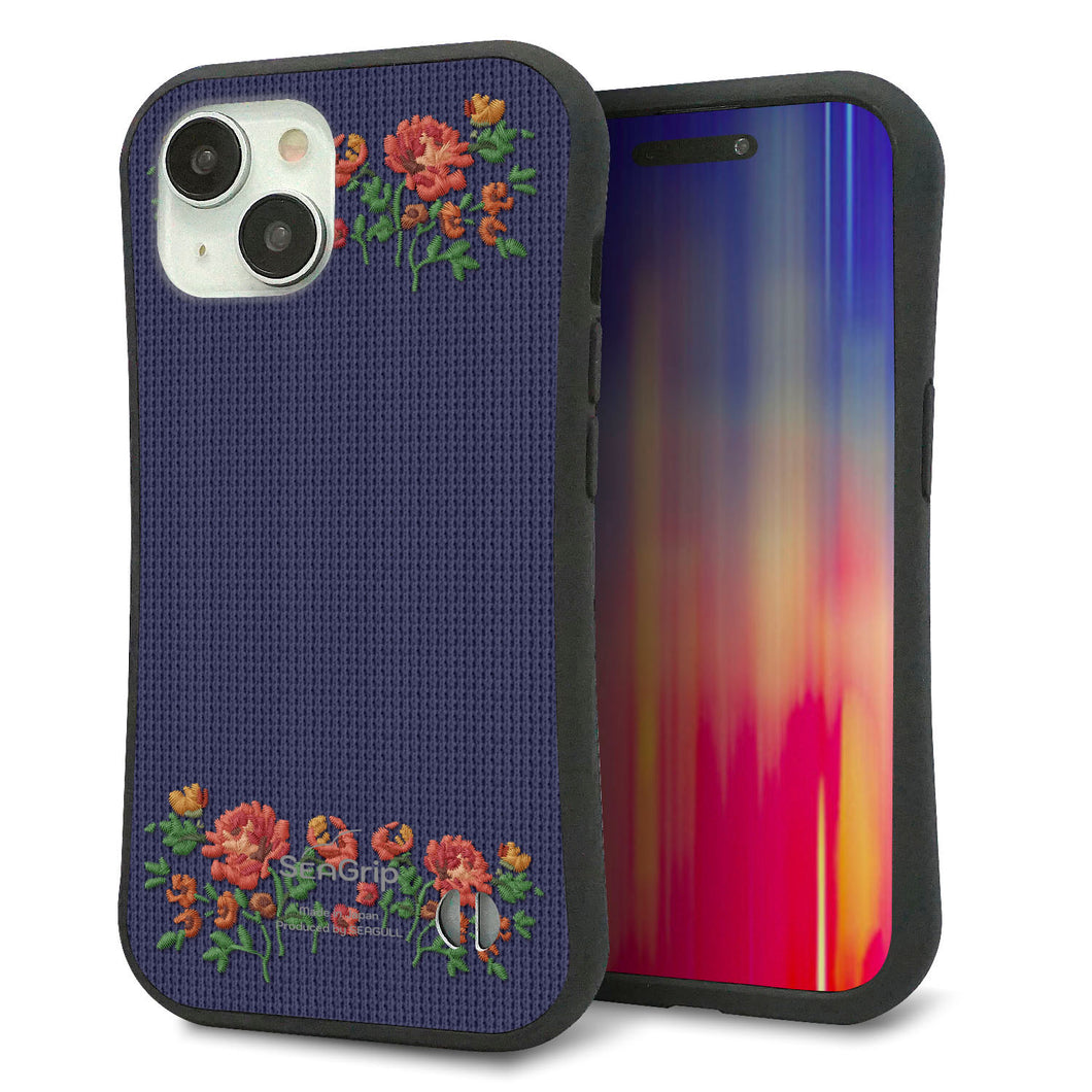 iPhone15 スマホケース 「SEA Grip」 グリップケース Sライン 【KM943 花刺繍風 レッドフラワー ネイビー 】 UV印刷