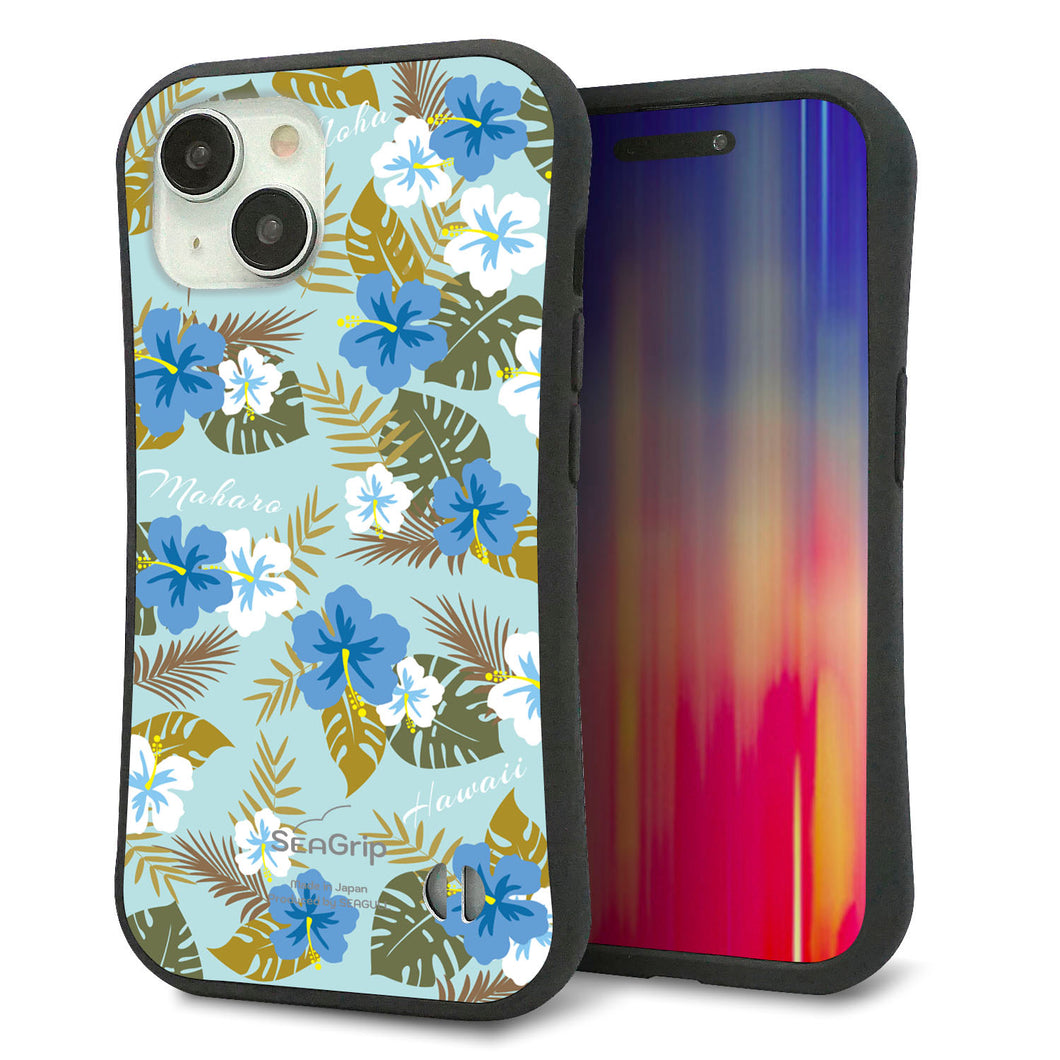iPhone15 スマホケース 「SEA Grip」 グリップケース Sライン 【SC883 ハワイアンアロハレトロ（ブルー）】 UV印刷