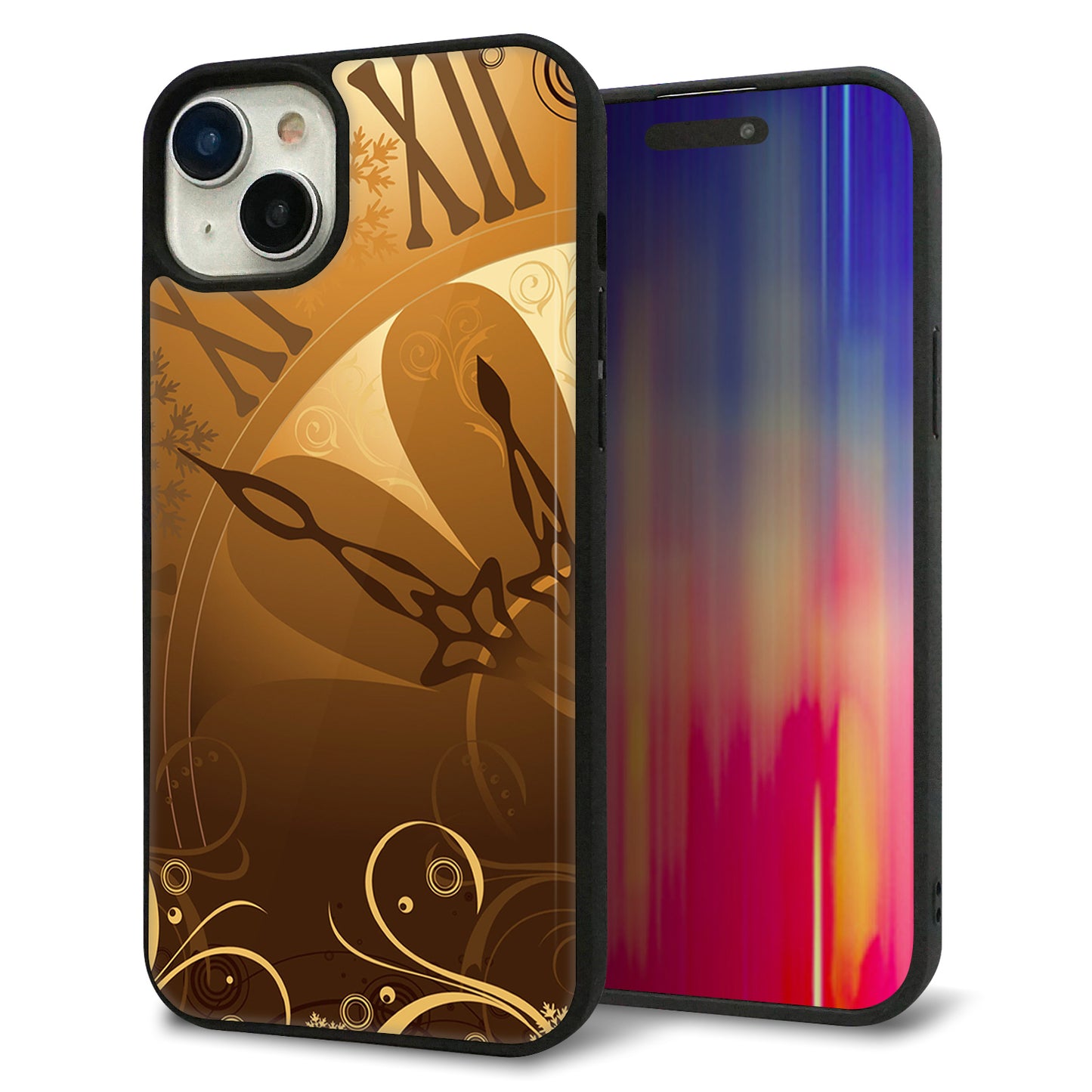 iPhone15 Plus 強化ガラス＆TPUスマホケース ガラプリ【185 時を刻む針】