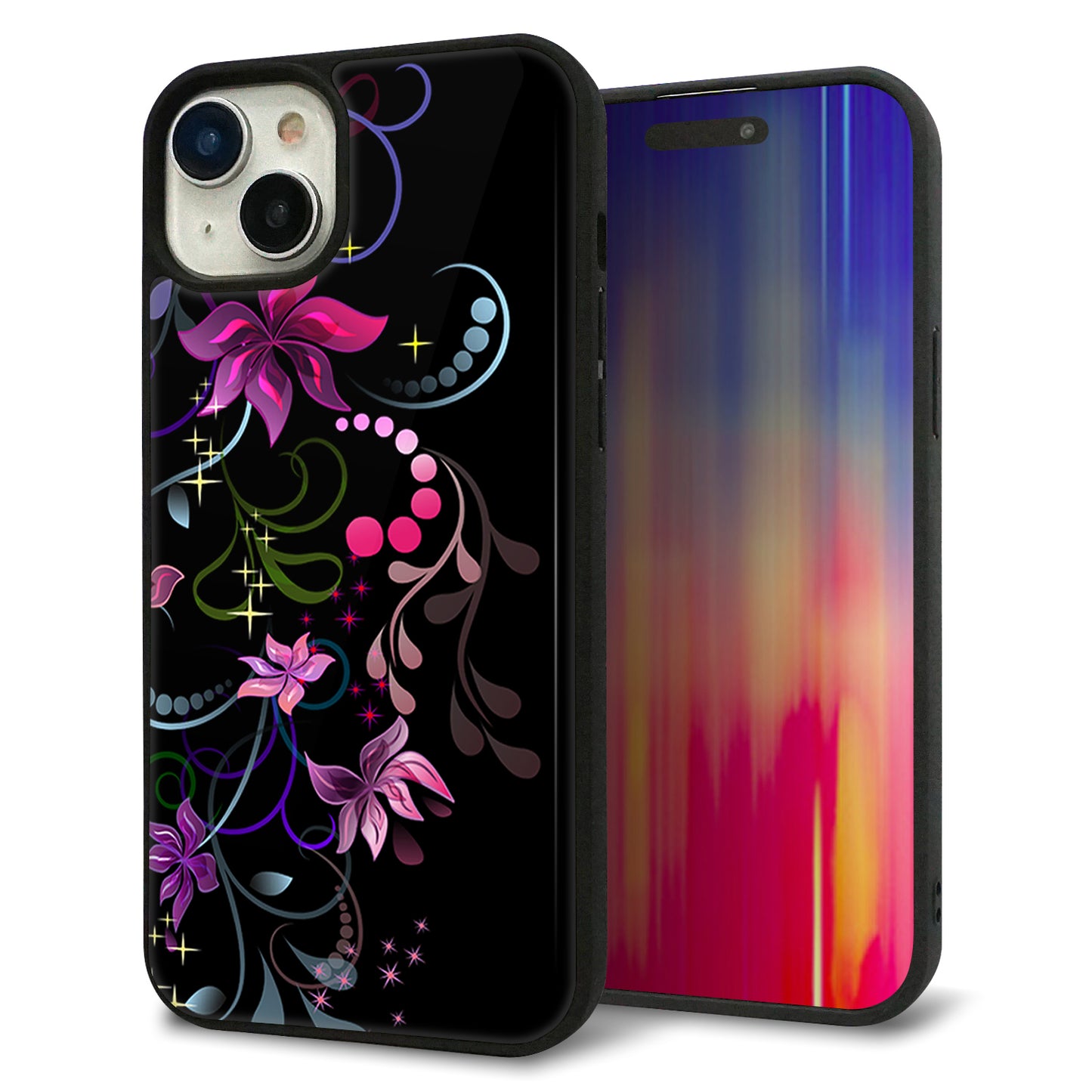 iPhone15 Plus 強化ガラス＆TPUスマホケース ガラプリ【263 闇に浮かぶ華】