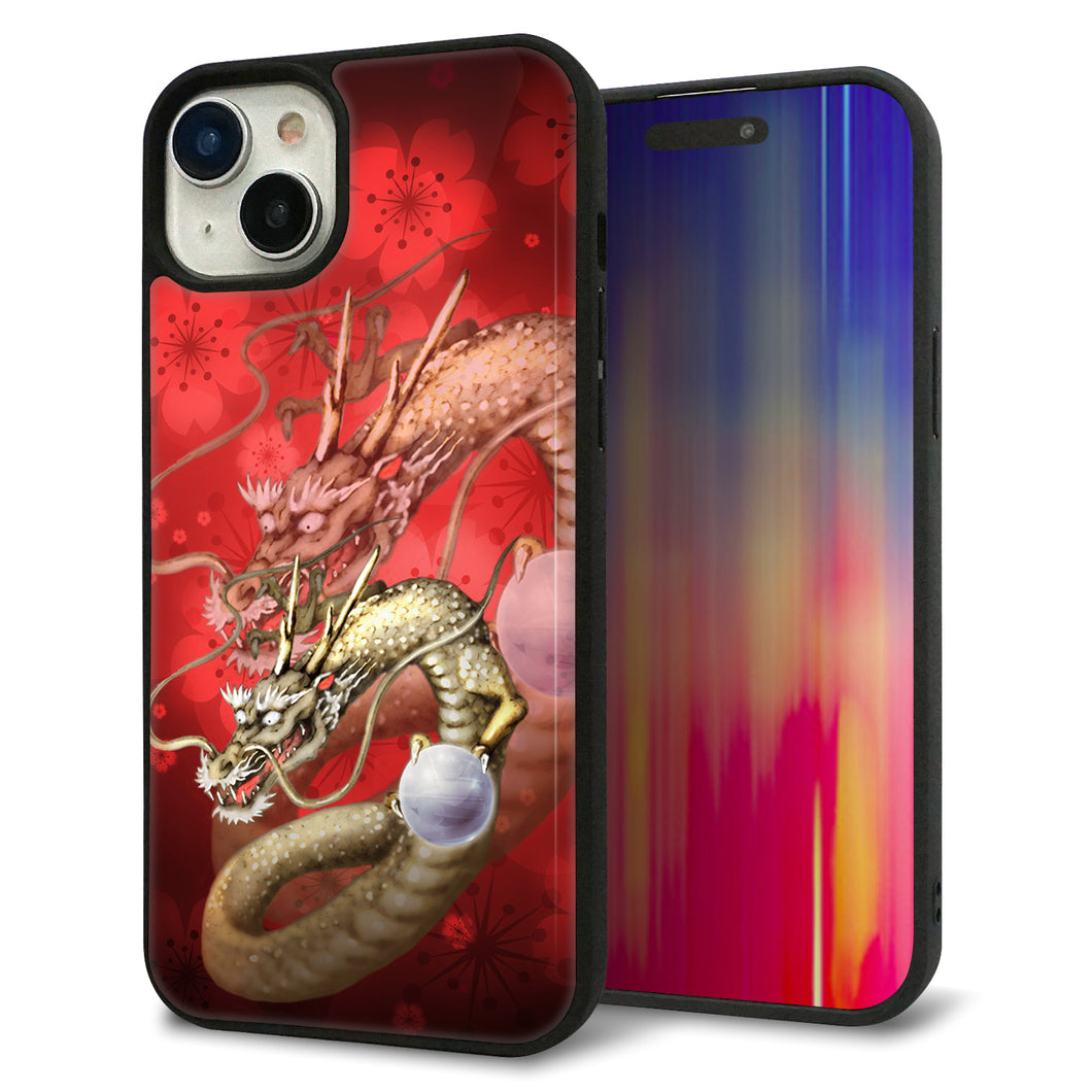 iPhone15 Plus 強化ガラス＆TPUスマホケース ガラプリ【1004 桜と龍】