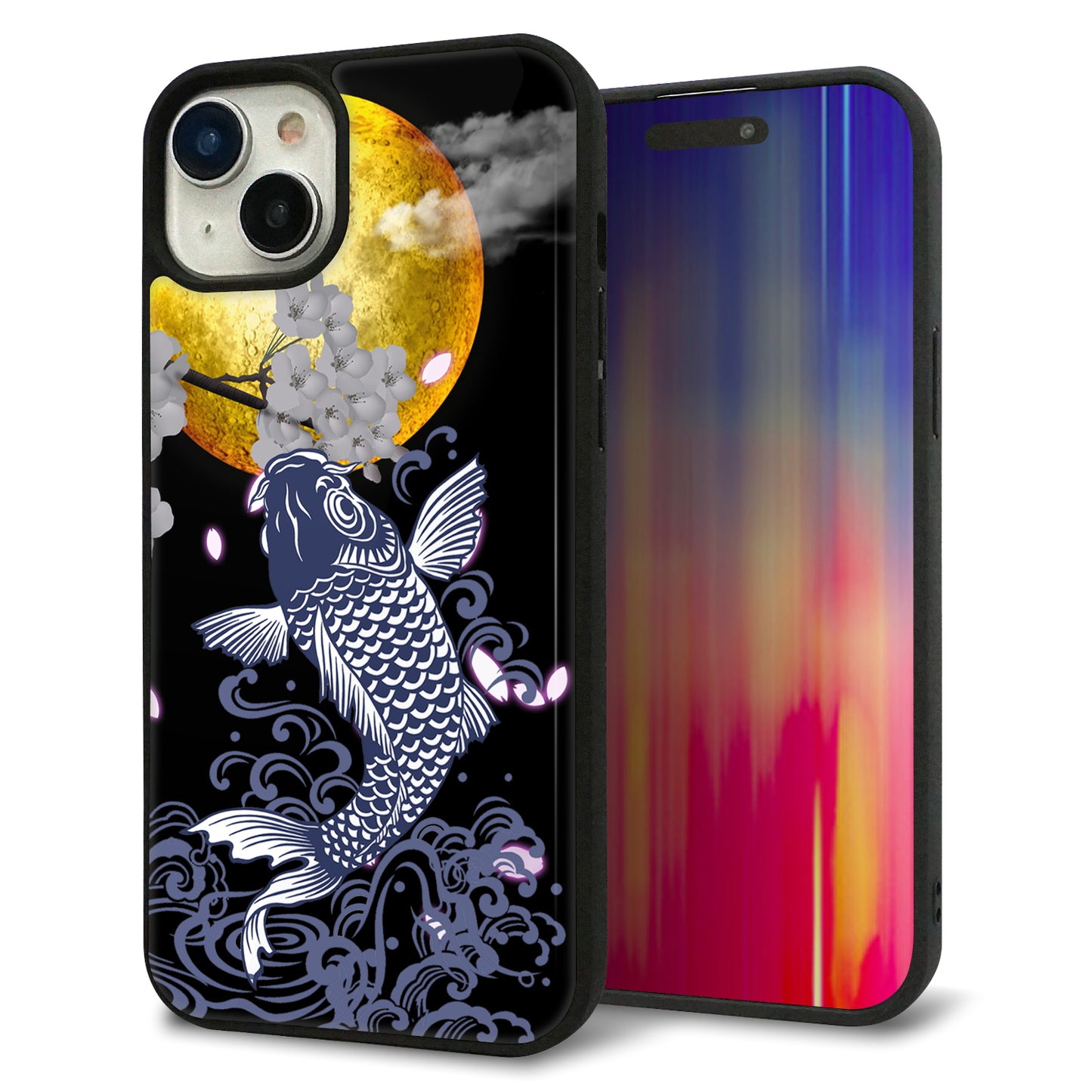 iPhone15 Plus 強化ガラス＆TPUスマホケース ガラプリ【1030 月と鯉】
