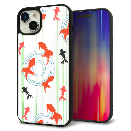 iPhone15 Plus 強化ガラス＆TPUスマホケース ガラプリ【HA213 金魚 水彩ストライプ グリーン】