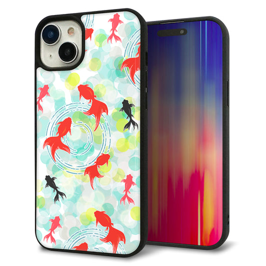 iPhone15 Plus 強化ガラス＆TPUスマホケース ガラプリ【HA223 金魚 点々 グリーン】