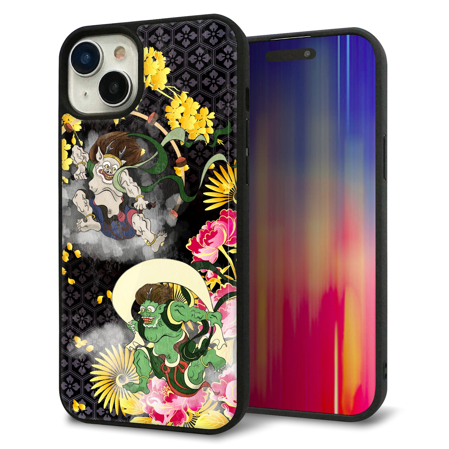 iPhone15 Plus 強化ガラス＆TPUスマホケース ガラプリ【HA239 風神雷神 牡丹】