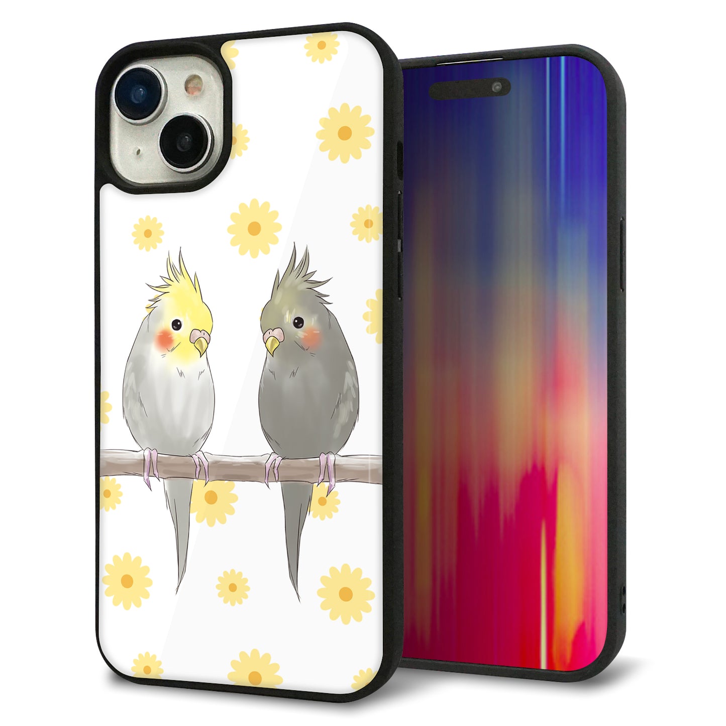 iPhone15 Plus 強化ガラス＆TPUスマホケース ガラプリ【HA274 オカメインコ 花】