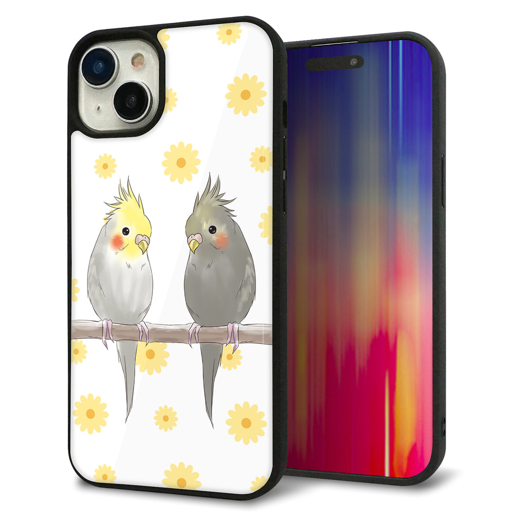 iPhone15 Plus 強化ガラス＆TPUスマホケース ガラプリ【HA274 オカメインコ 花】