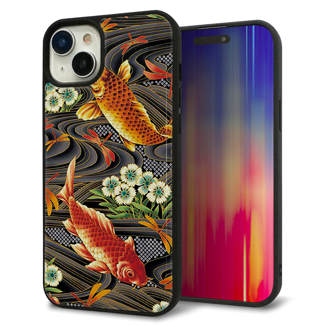 iPhone15 Plus 強化ガラス＆TPUスマホケース ガラプリ【MA963 着物柄 鶴鯉 A】