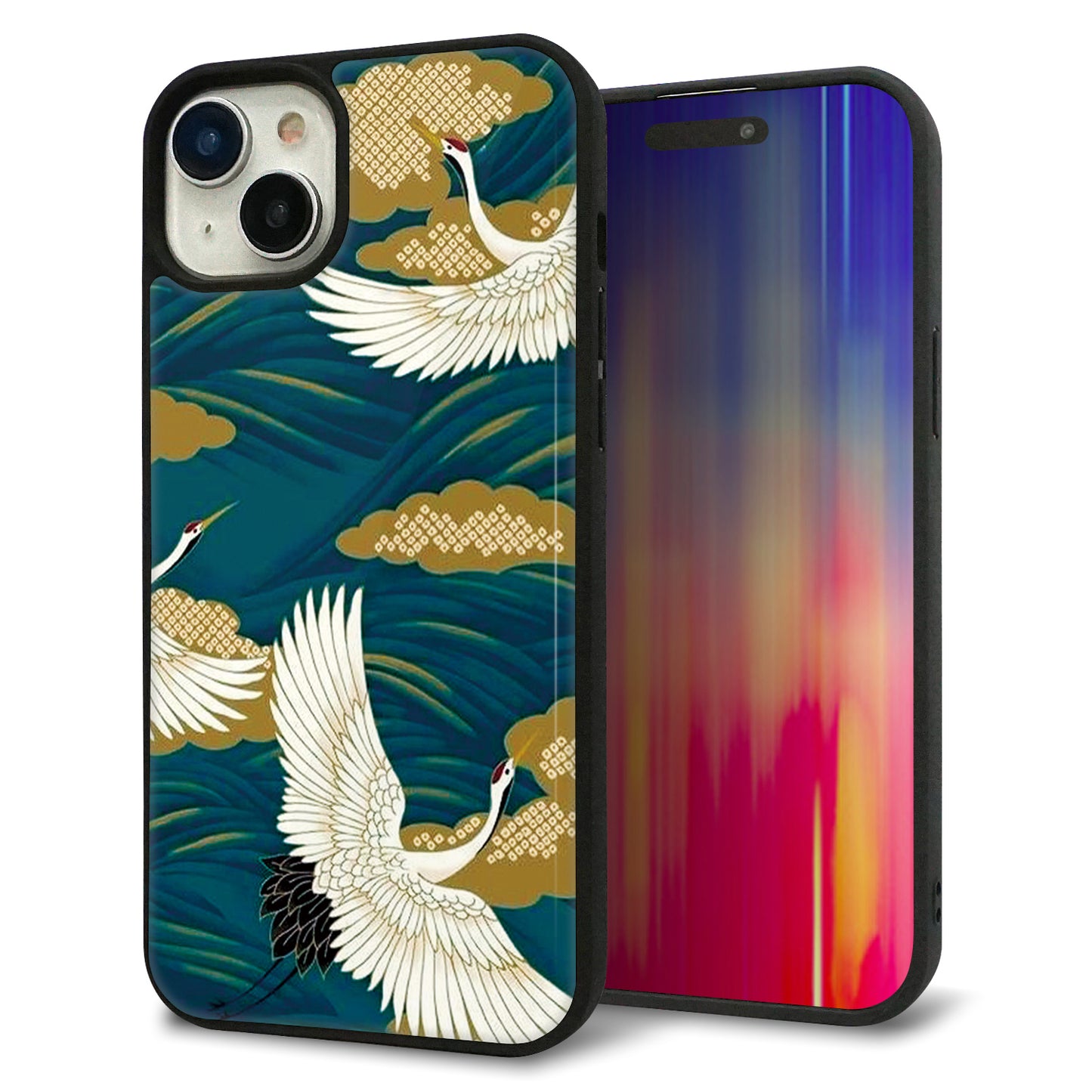 iPhone15 Plus 強化ガラス＆TPUスマホケース ガラプリ【MA964 着物柄 鶴鯉 B】