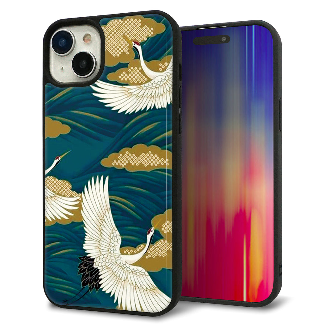 iPhone15 Plus 強化ガラス＆TPUスマホケース ガラプリ【MA964 着物柄 鶴鯉 B】
