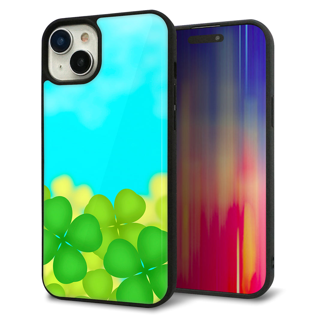 iPhone15 Plus 強化ガラス＆TPUスマホケース ガラプリ【VA820 四葉のクローバー畑】