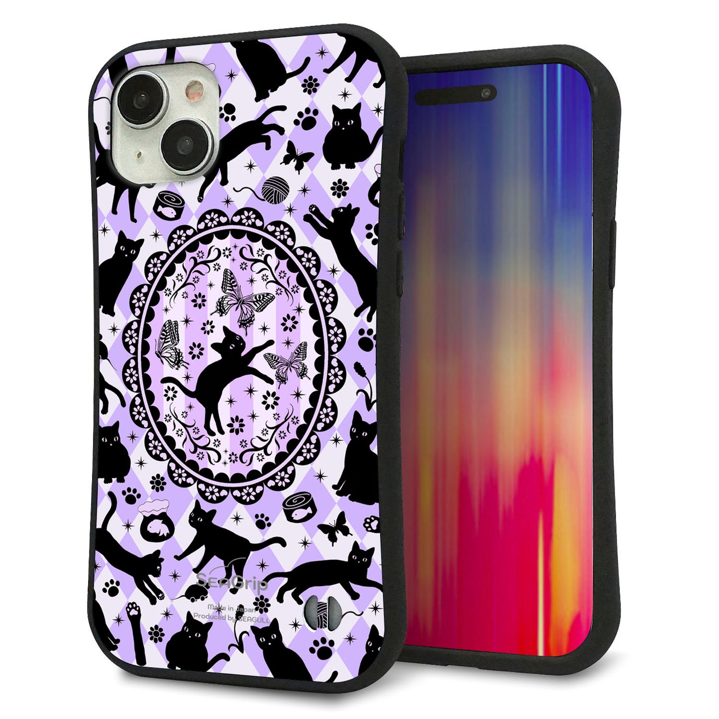 iPhone15 Plus スマホケース 「SEA Grip」 グリップケース Sライン 【AG879 ネコがいっぱいダイヤ柄 パープル】 UV印刷