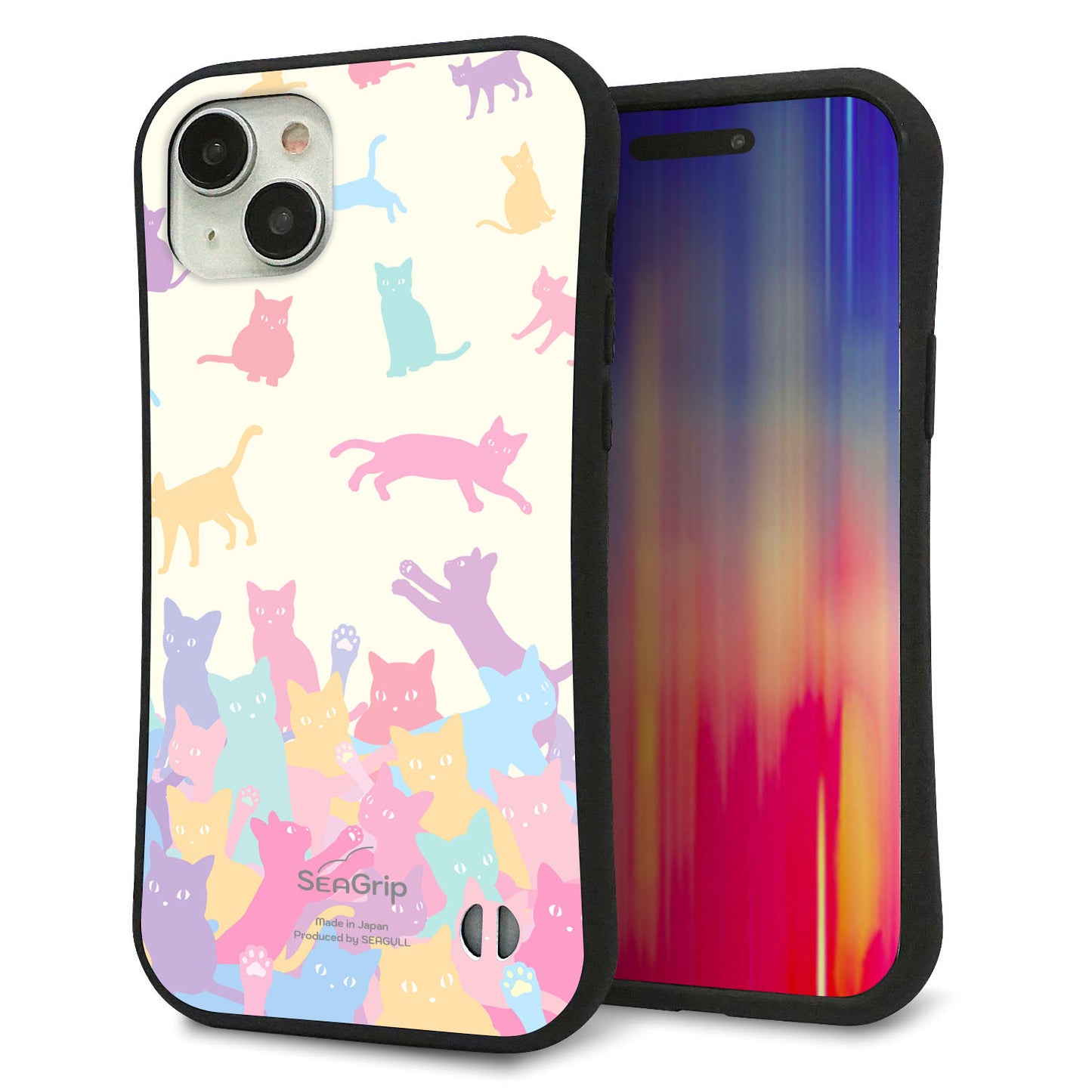 iPhone15 Plus スマホケース 「SEA Grip」 グリップケース Sライン 【AG885 ネコ積もり マルチカラー】 UV印刷
