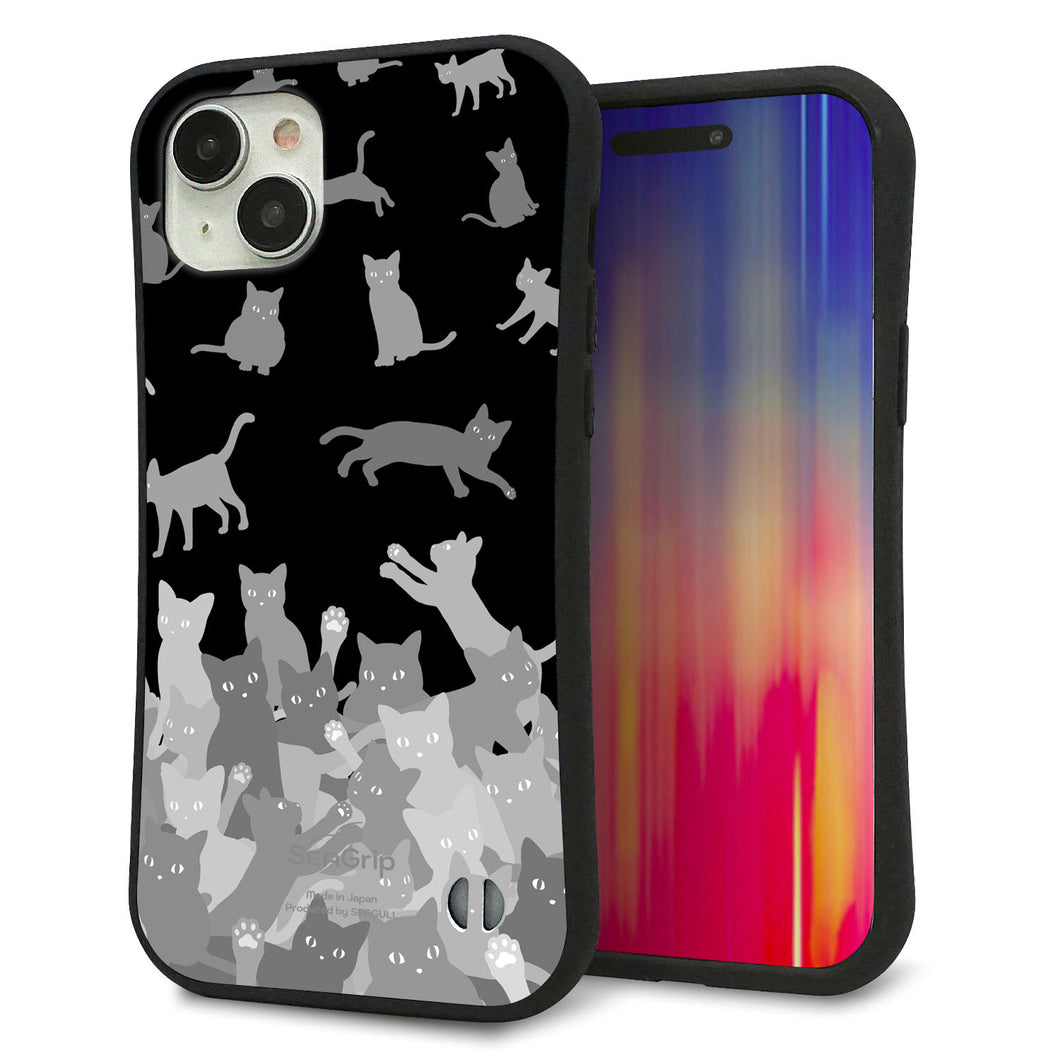iPhone15 Plus スマホケース 「SEA Grip」 グリップケース Sライン 【AG887 ネコ積もり 黒】 UV印刷