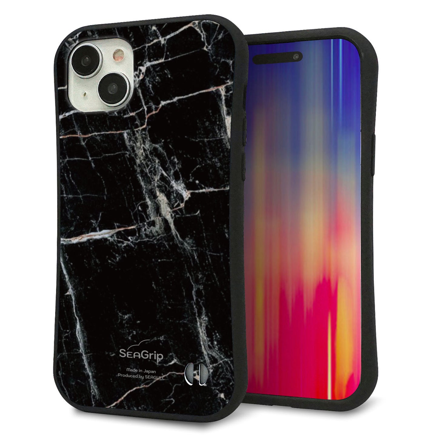 iPhone15 Plus スマホケース 「SEA Grip」 グリップケース Sライン 【KM867 大理石BK】 UV印刷