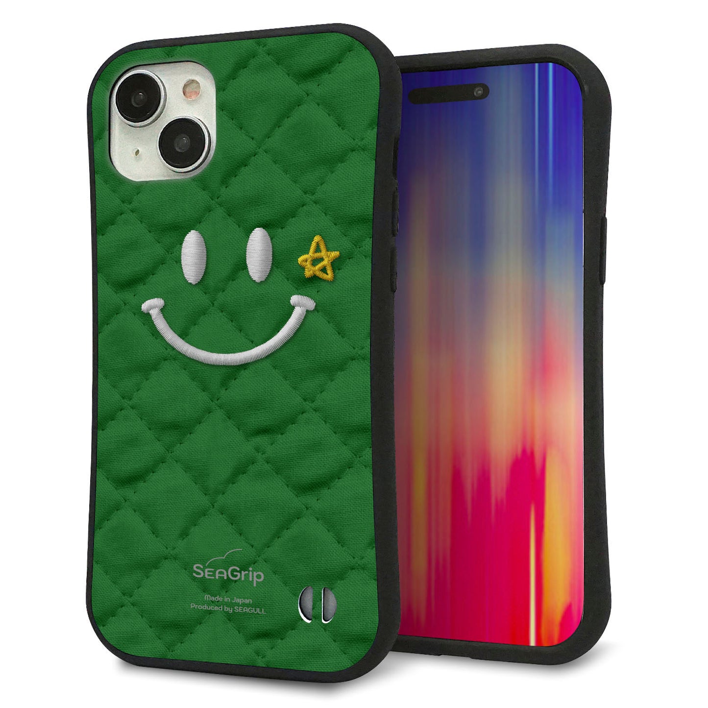 iPhone15 Plus スマホケース 「SEA Grip」 グリップケース Sライン 【KM936 スマイル スター グリーン 】 UV印刷