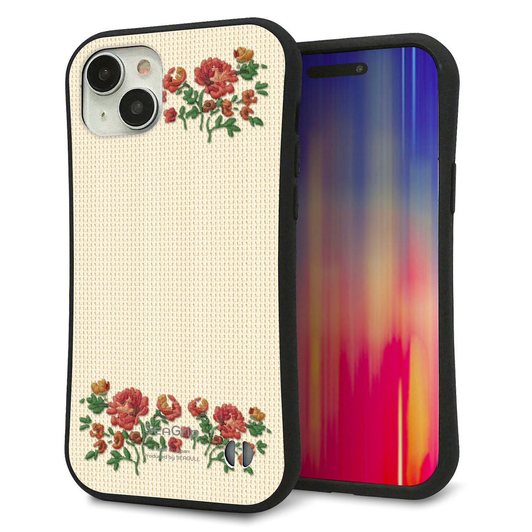 iPhone15 Plus スマホケース 「SEA Grip」 グリップケース Sライン 【KM941 花刺繍風 レッドフラワー オフホワイト 】 UV印刷
