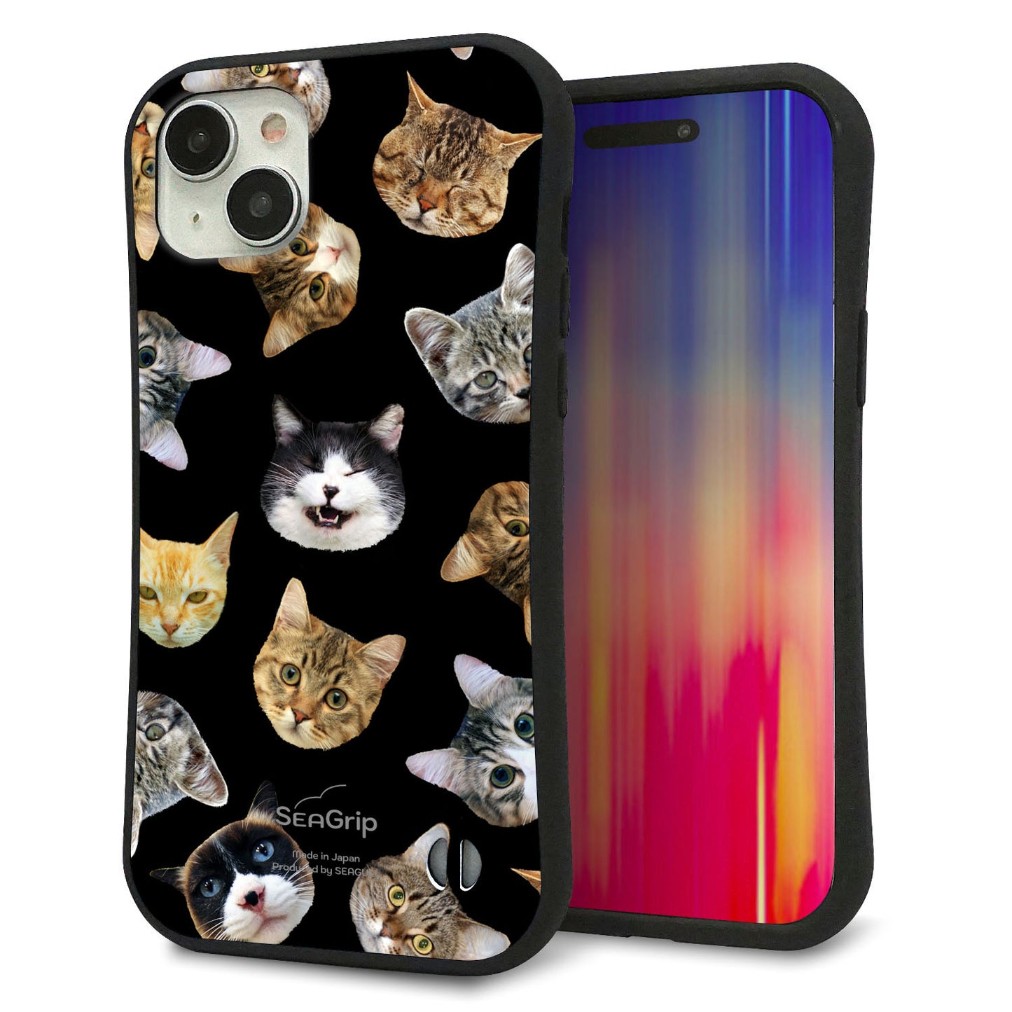 iPhone15 Plus スマホケース 「SEA Grip」 グリップケース Sライン 【SC933 ねこどっと（ブラック）】 UV印刷