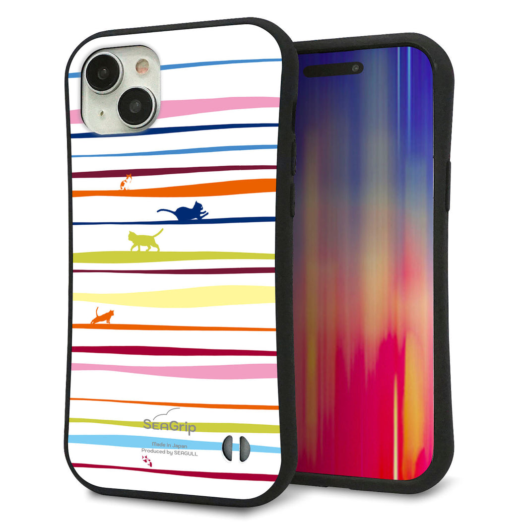 iPhone15 Plus スマホケース 「SEA Grip」 グリップケース Sライン 【YA893 ストライプネコ02 L】 UV印刷