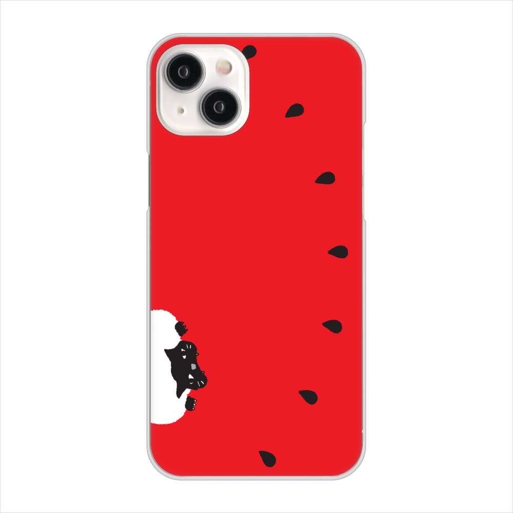 iPhone15 Plus 高画質仕上げ 背面印刷 ハードケースすいかをかじるネコ