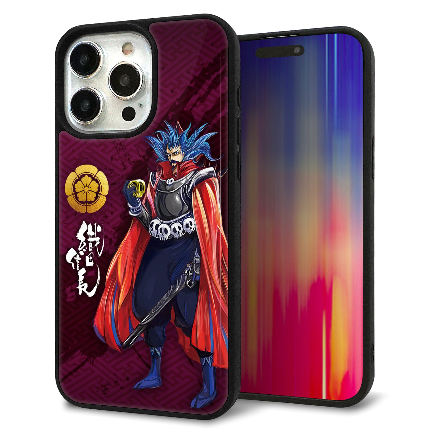 iPhone15 Pro Max 強化ガラス＆TPUスマホケース ガラプリ【AB808 織田信長 イラストと家紋】