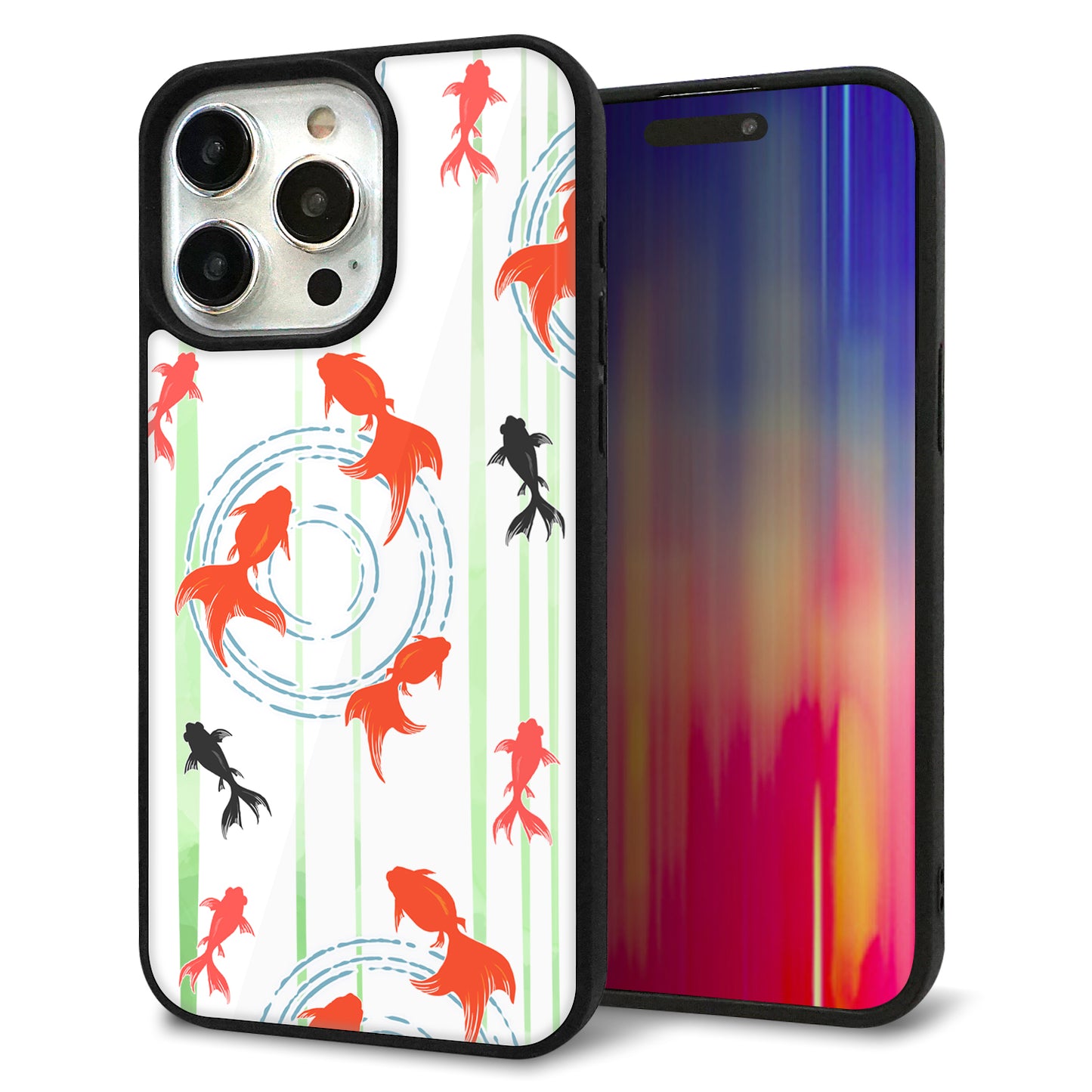 iPhone15 Pro Max 強化ガラス＆TPUスマホケース ガラプリ【HA213 金魚 水彩ストライプ グリーン】
