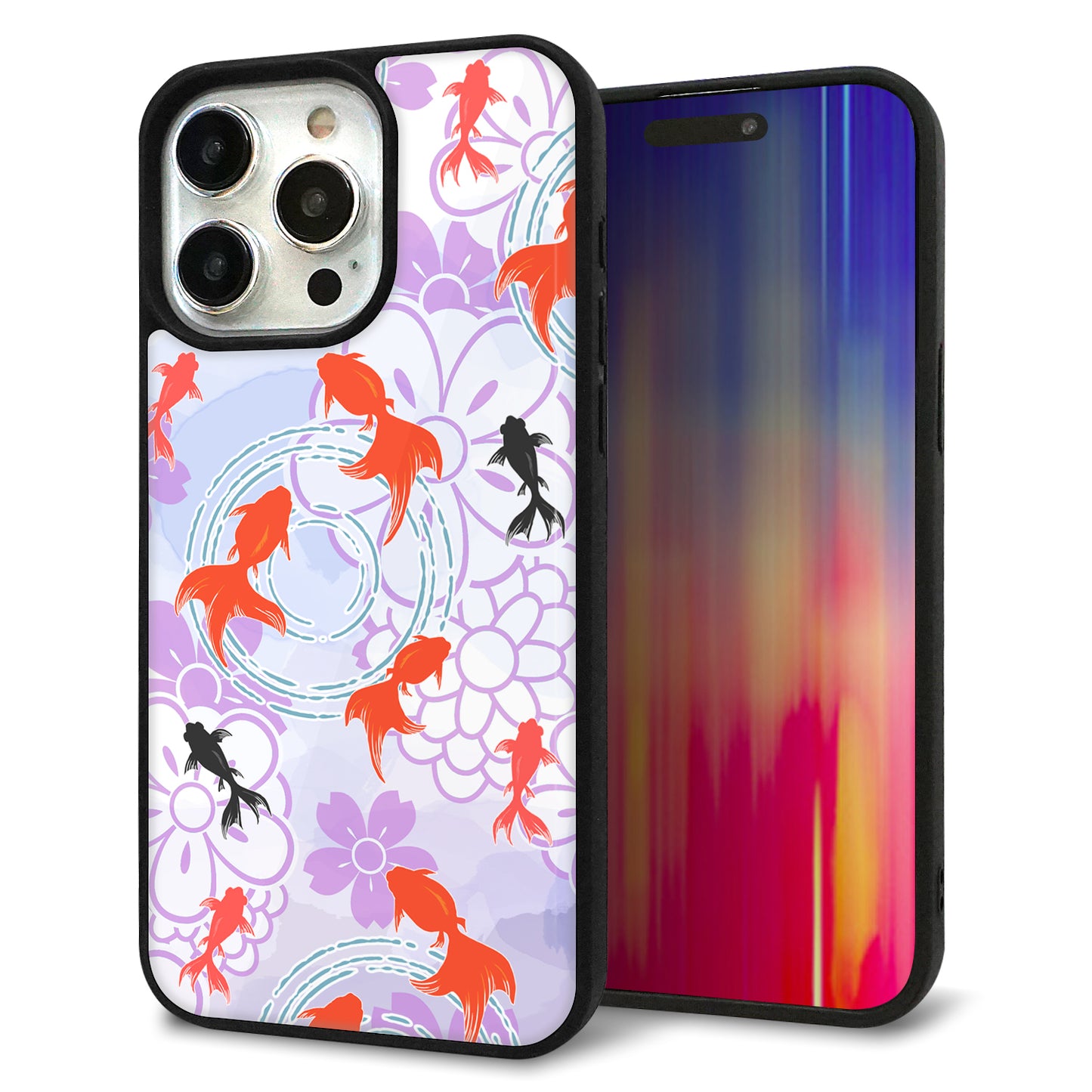 iPhone15 Pro Max 強化ガラス＆TPUスマホケース ガラプリ【HA214 金魚 花柄 パープル】