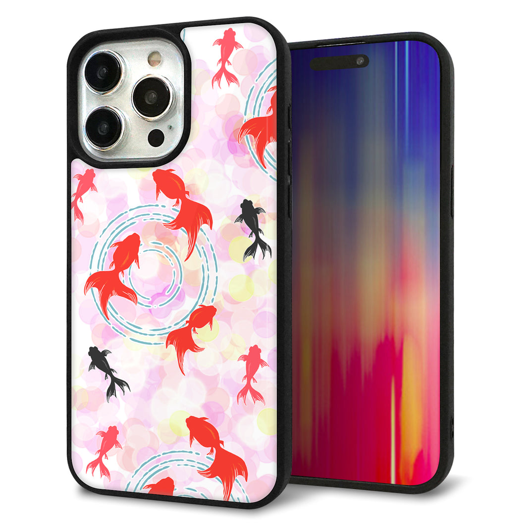 iPhone15 Pro Max 強化ガラス＆TPUスマホケース ガラプリ【HA222 金魚 点々 ピンク】