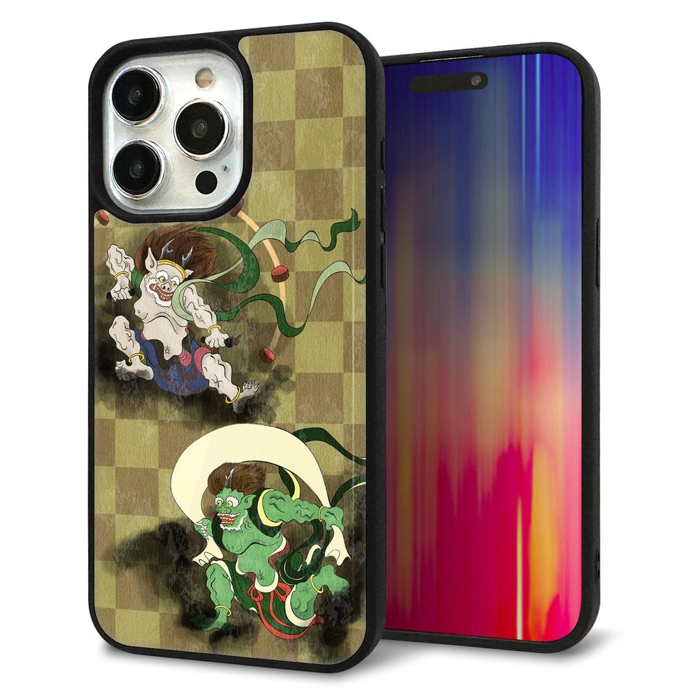 iPhone 15 Pro Max 強化ガラス＆TPUスマホケース ガラプリ【HA236 風神雷神 金市松】