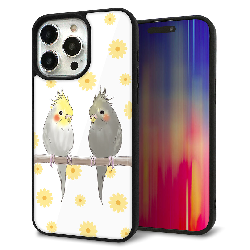 iPhone15 Pro Max 強化ガラス＆TPUスマホケース ガラプリ【HA274 オカメインコ 花】