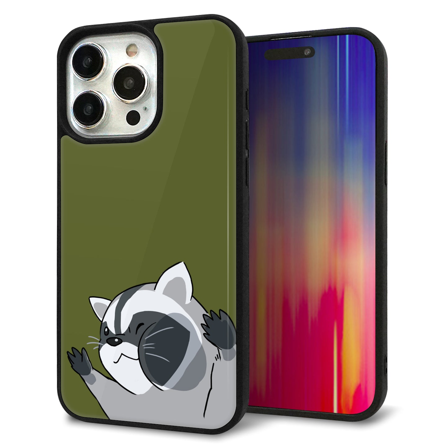 iPhone15 Pro Max 強化ガラス＆TPUスマホケース ガラプリ【HA303 むぎゅっとアライグマ】