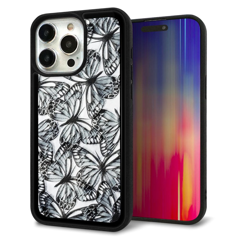 iPhone 15 Pro Max 強化ガラス＆TPUスマホケース ガラプリ【SC905 ガーデンバタフライ ブラック】