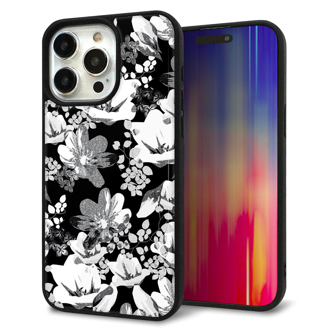 iPhone15 Pro Max 強化ガラス＆TPUスマホケース ガラプリ【SC913 花柄モノトーン 02】