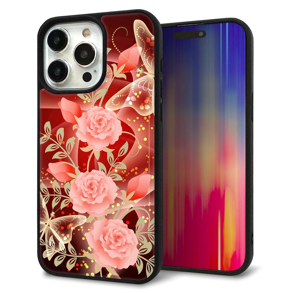 iPhone 15 Pro Max 強化ガラス＆TPUスマホケース ガラプリ【VA824 魅惑の蝶とピンクのバラ】