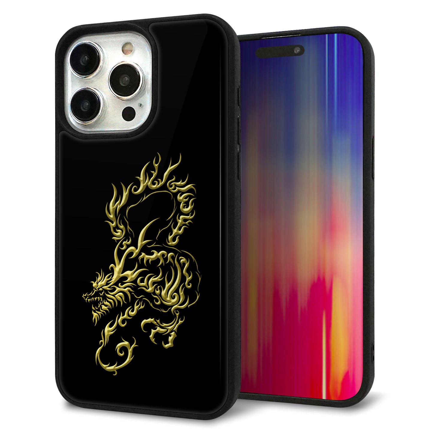iPhone15 Pro Max 強化ガラス＆TPUスマホケース ガラプリ【VA831 闇と龍】