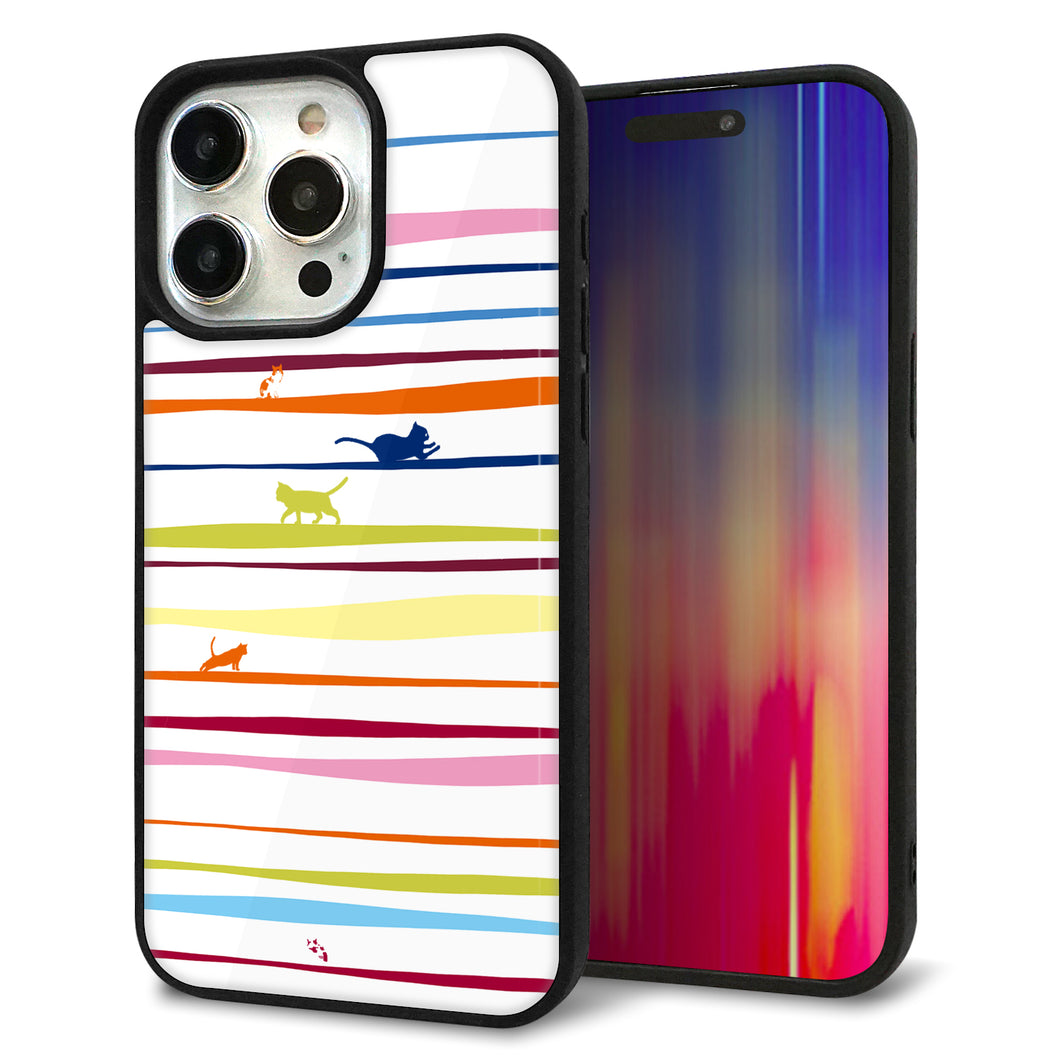 iPhone15 Pro Max 強化ガラス＆TPUスマホケース ガラプリ【YA893 ストライプネコ02 L】