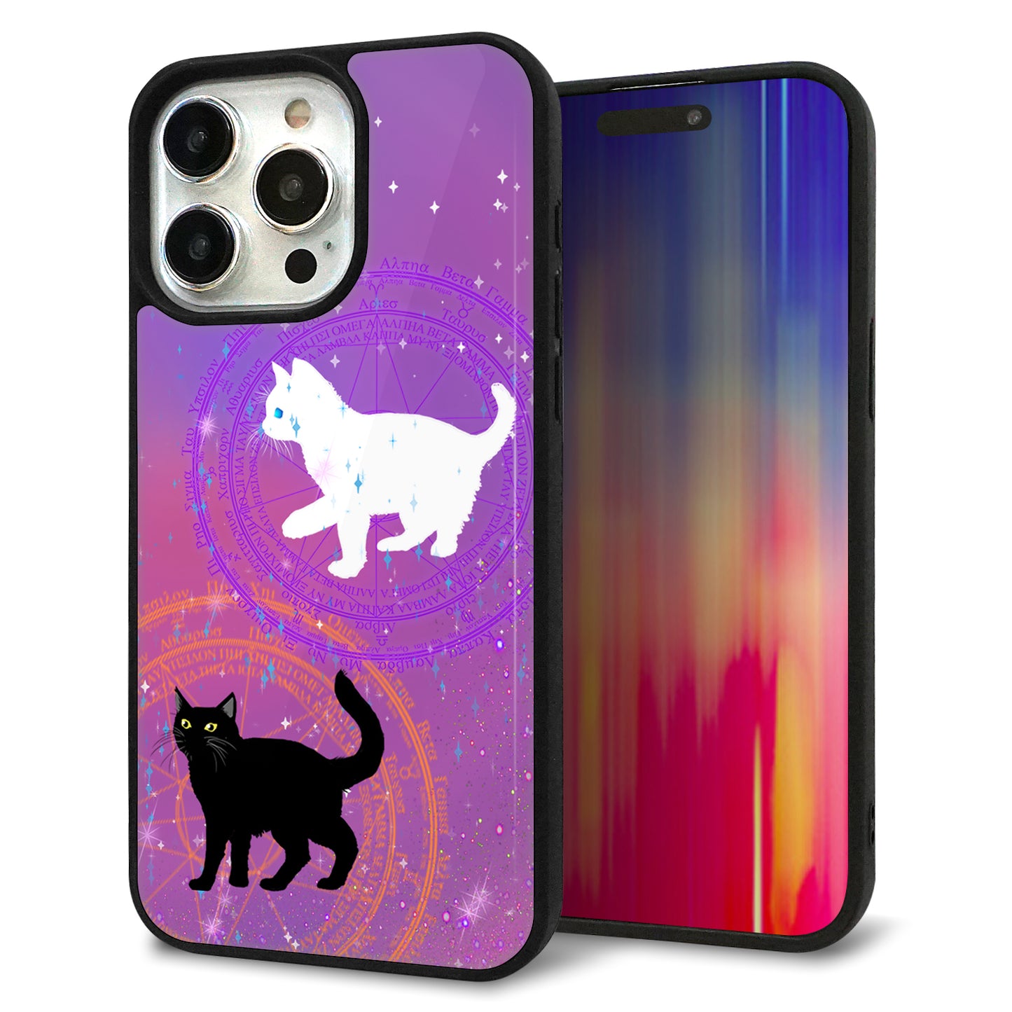 iPhone15 Pro Max 強化ガラス＆TPUスマホケース ガラプリ【YJ328 魔法陣猫 キラキラ かわいい ピンク】