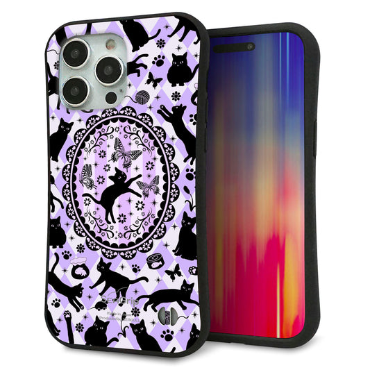 iPhone15 Pro Max スマホケース 「SEA Grip」 グリップケース Sライン 【AG879 ネコがいっぱいダイヤ柄 パープル】 UV印刷