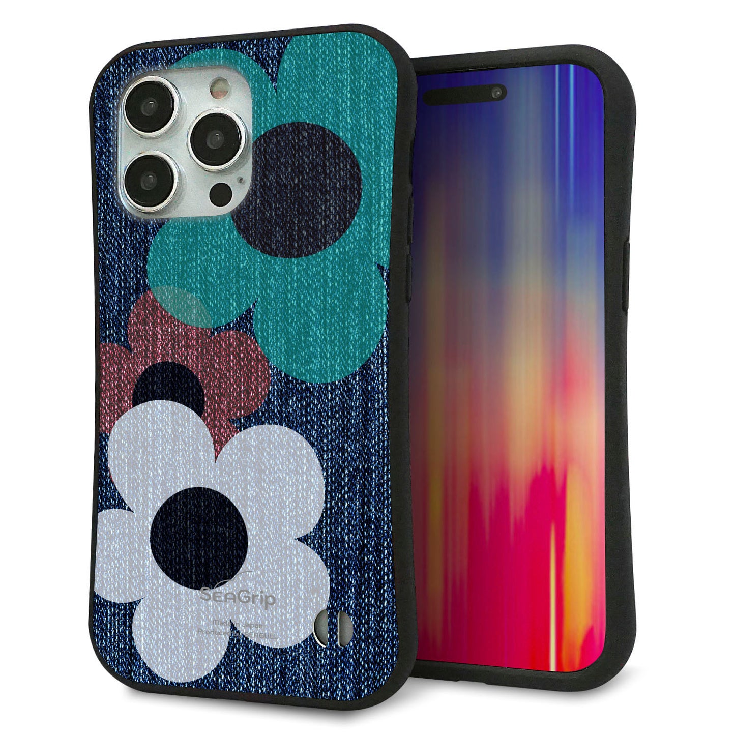 iPhone15 Pro Max スマホケース 「SEA Grip」 グリップケース Sライン 【EK869 ルーズフラワーinデニム風】 UV印刷