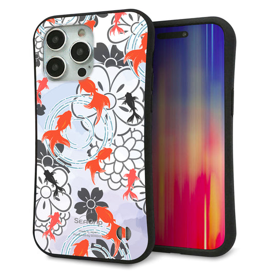 iPhone15 Pro Max スマホケース 「SEA Grip」 グリップケース Sライン 【HA216 金魚 花柄 グレー 】 UV印刷