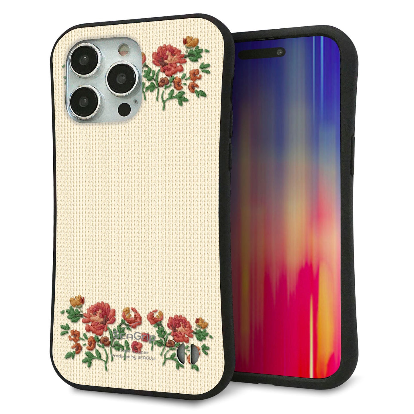 iPhone15 Pro Max スマホケース 「SEA Grip」 グリップケース Sライン 【KM941 花刺繍風 レッドフラワー オフホワイト 】 UV印刷