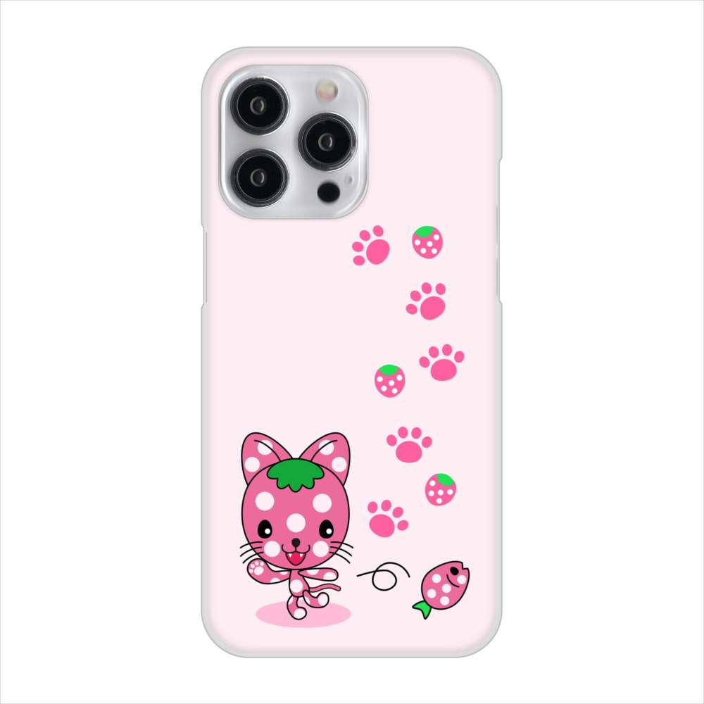 iPhone15 Pro Max 高画質仕上げ 背面印刷 ハードケースむかいあぐる イチゴ猫のにゃんベリー