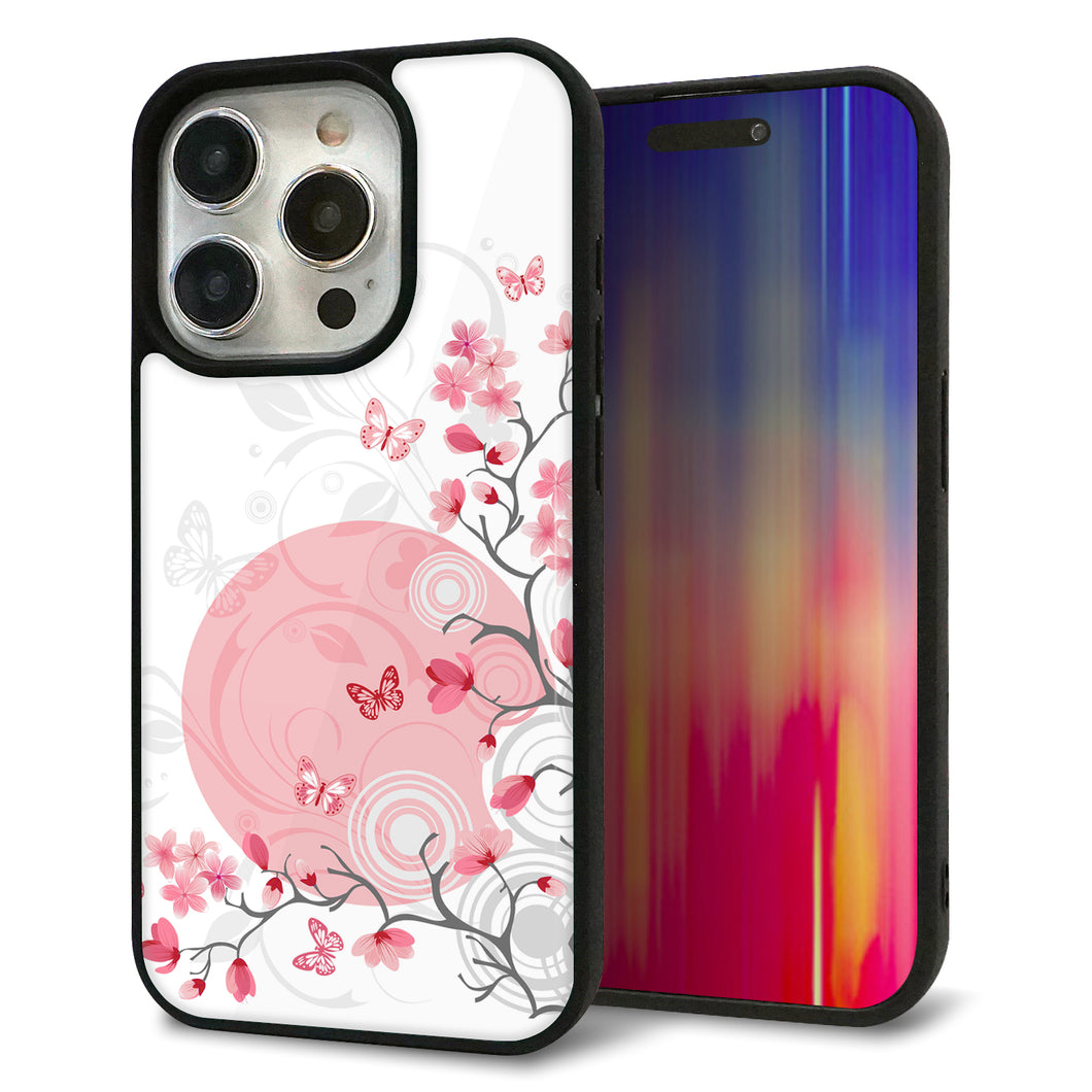iPhone15 Pro 強化ガラス＆TPUスマホケース ガラプリ【030 花と蝶（うす桃色）】