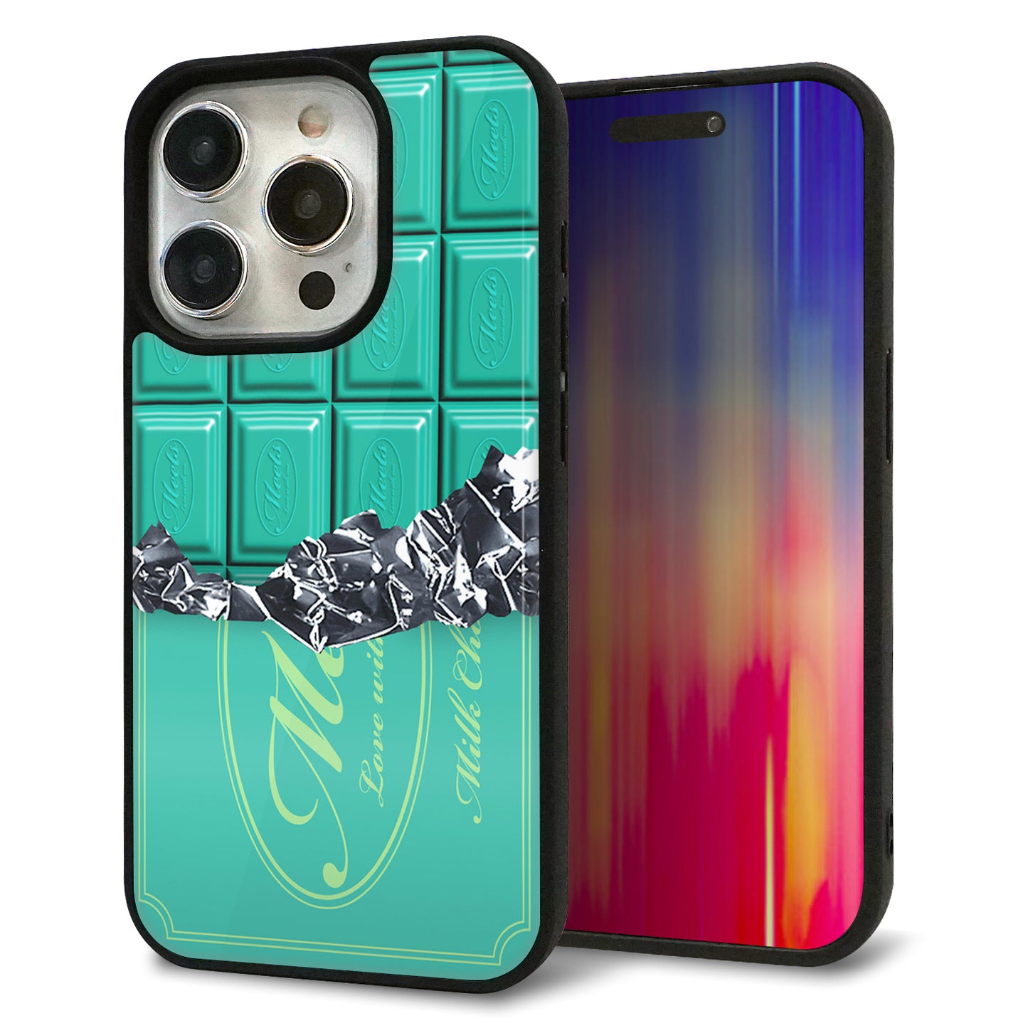 iPhone15 Pro 強化ガラス＆TPUスマホケース ガラプリ【554 板チョコ?ミント】