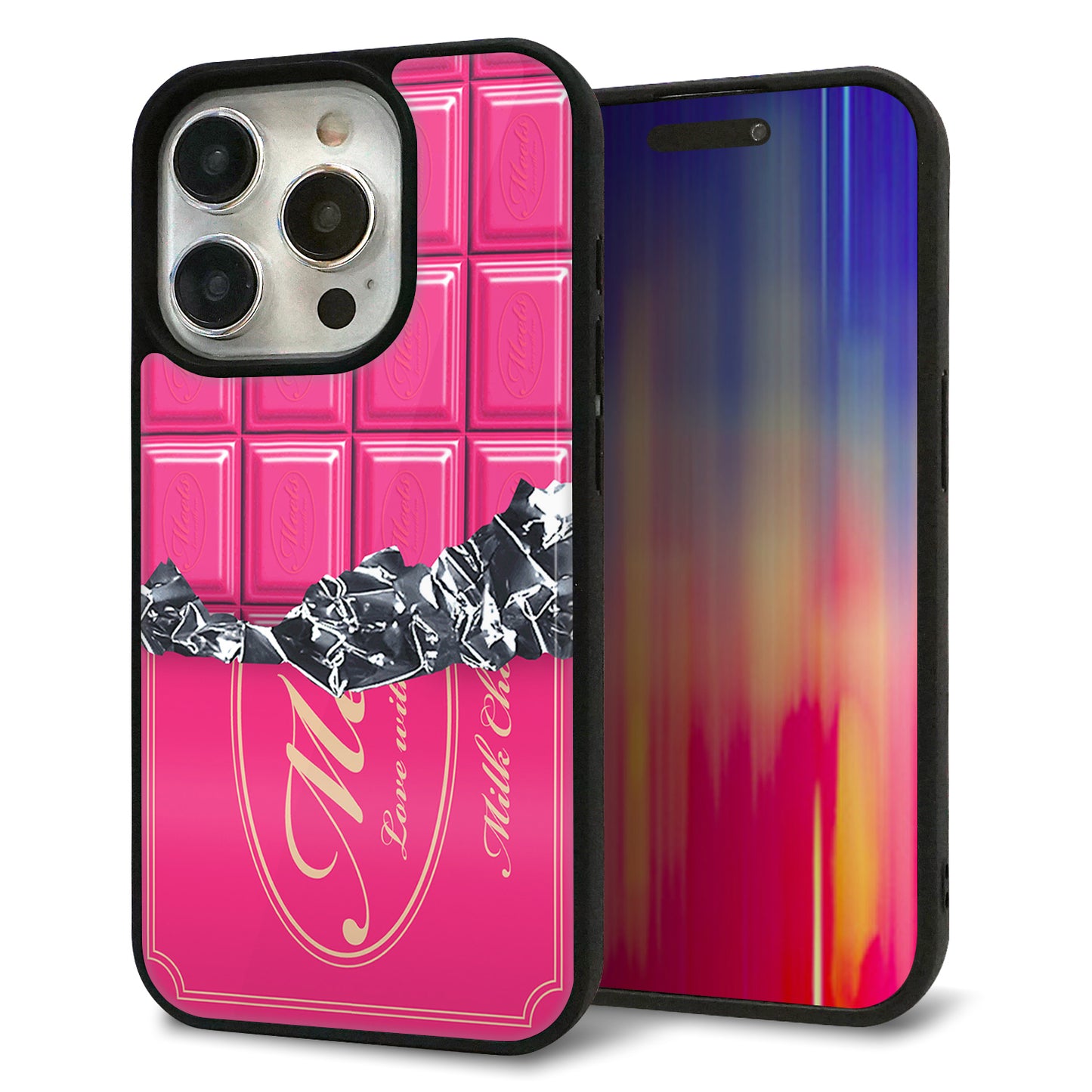 iPhone15 Pro 強化ガラス＆TPUスマホケース ガラプリ【555 板チョコ?ストロベリー】