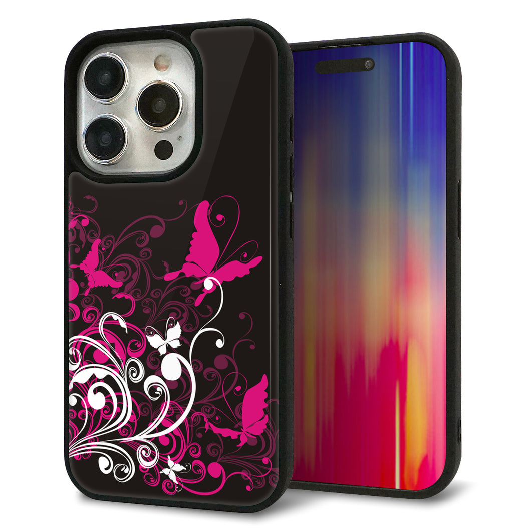 iPhone15 Pro 強化ガラス＆TPUスマホケース ガラプリ【585 闇に舞う蝶】