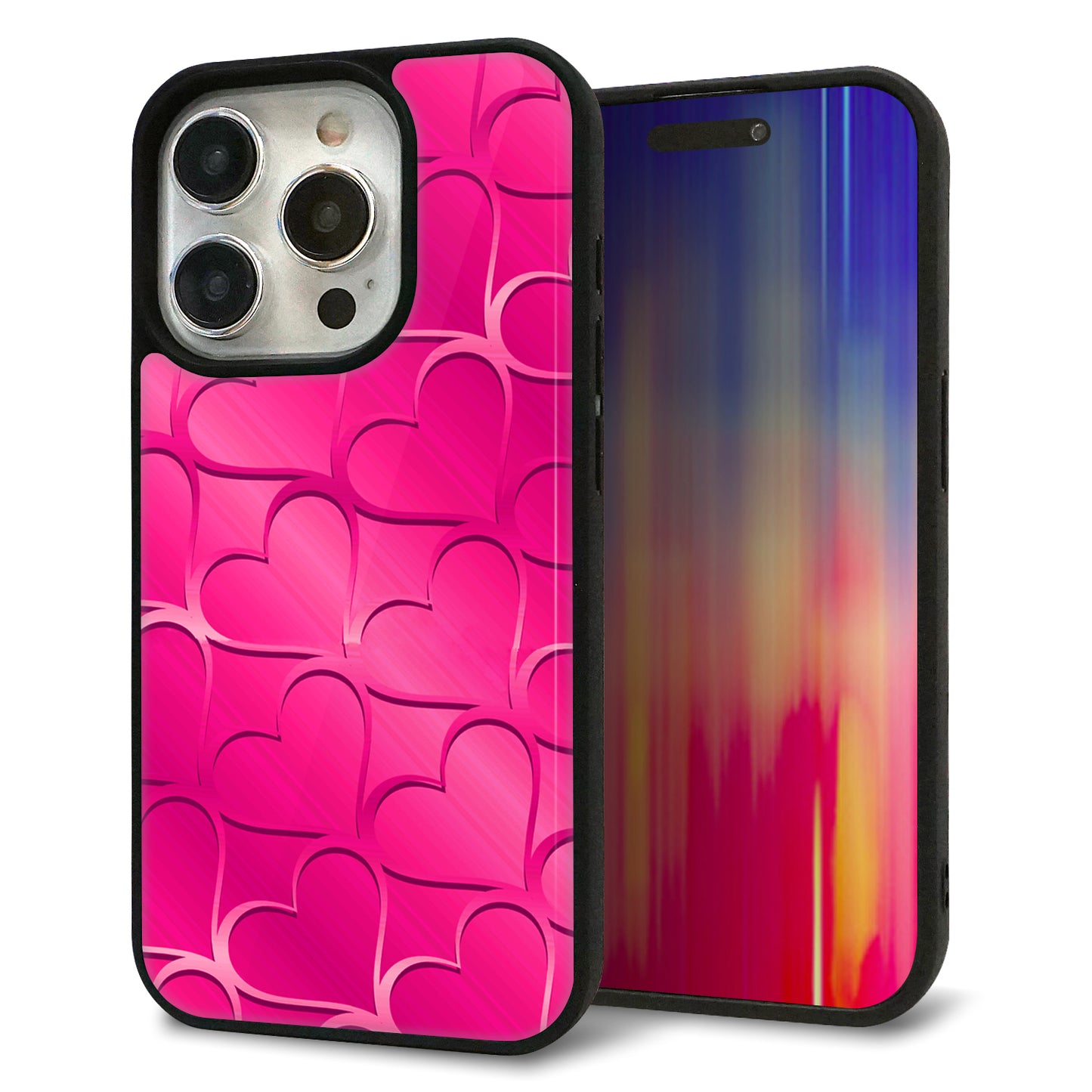iPhone15 Pro 強化ガラス＆TPUスマホケース ガラプリ【1347 かくれハート（ショッキングピンク）】