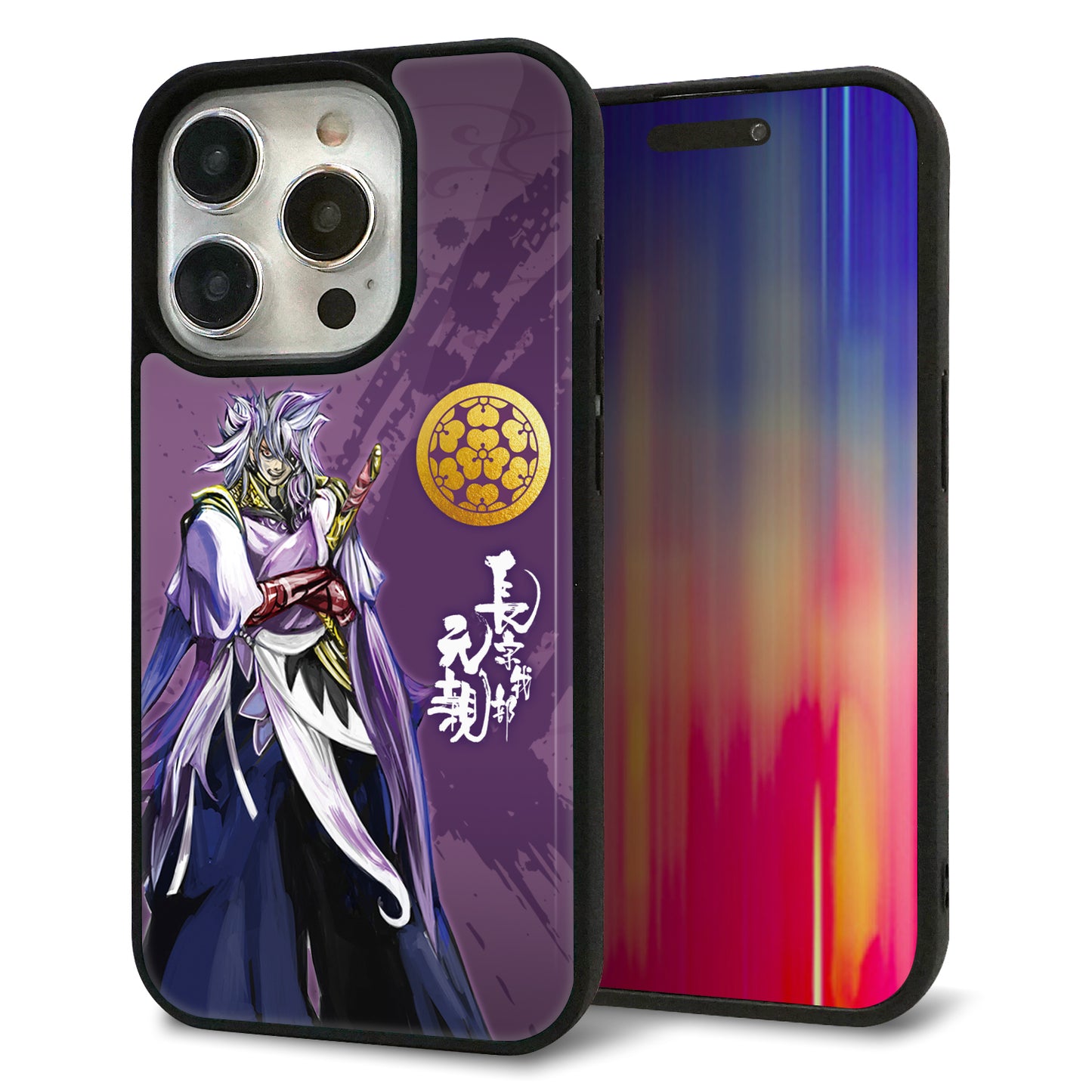 iPhone15 Pro 強化ガラス＆TPUスマホケース ガラプリ【AB805 長宗我部 元親 イラストと家紋】